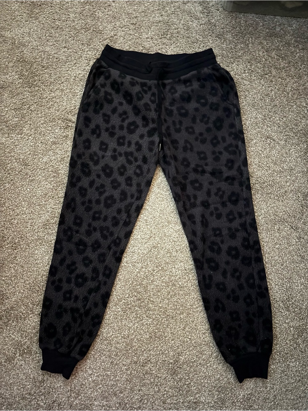 Black Leopard Print Fleece Jogger Pants
